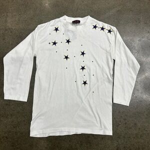 Vintage 90s White Long Sleeve Blue Star Patchwork Studs Glam Women's Medium Tee